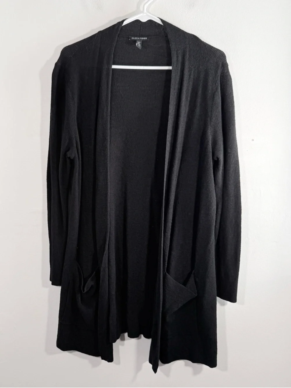 Eileen Fisher Black Linen Open Front Lightweight Knit Cardigan Pockets Small
